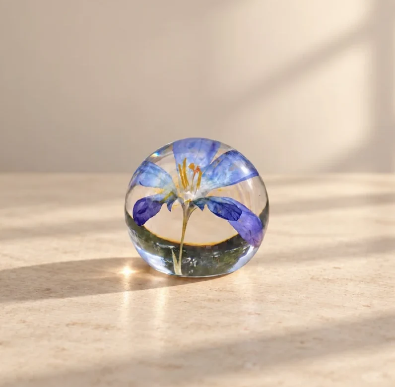 Memora P: flor azul eternizada em uma esfera de resina